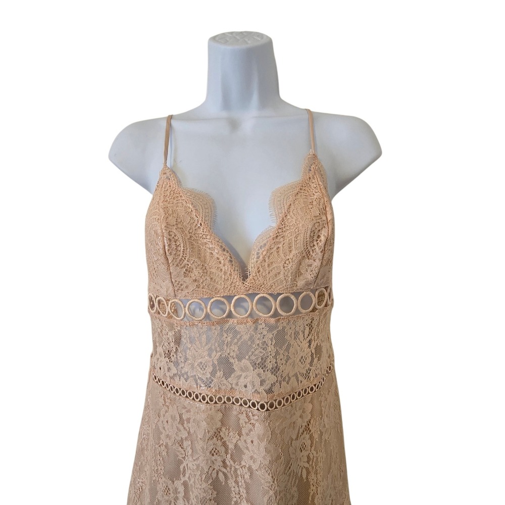Victorias Secret Peach Beige Lace Shimmer Slip Dress Small Scalloped Hem V-Neck - Picture 2 of 5
